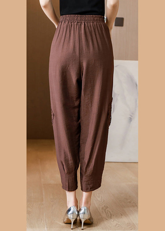 Coffee Elastic Waist Linen Lantern Pants Spring