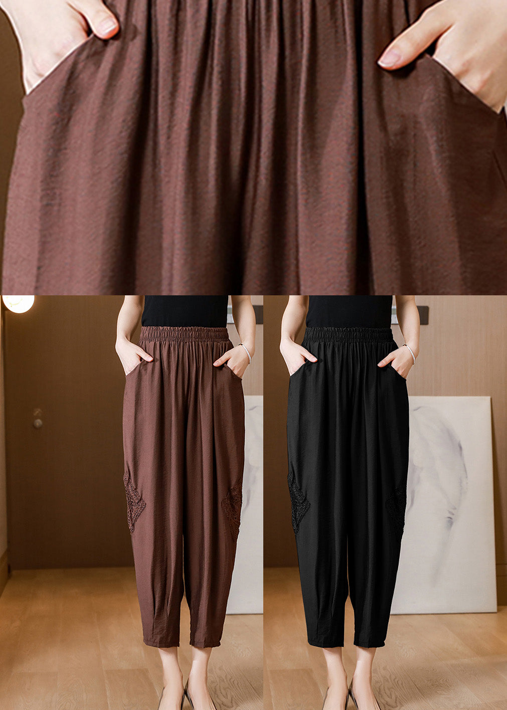 Coffee Elastic Waist Linen Lantern Pants Spring