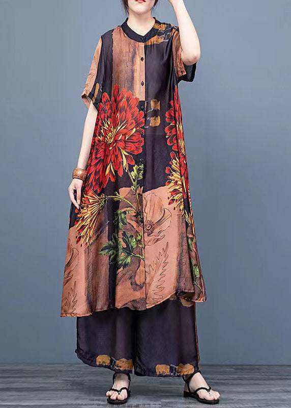 Coffee Floral Print Silk Shirt Dress And Wide Leg Pants Two Pieces Set Thin Half Sleeve