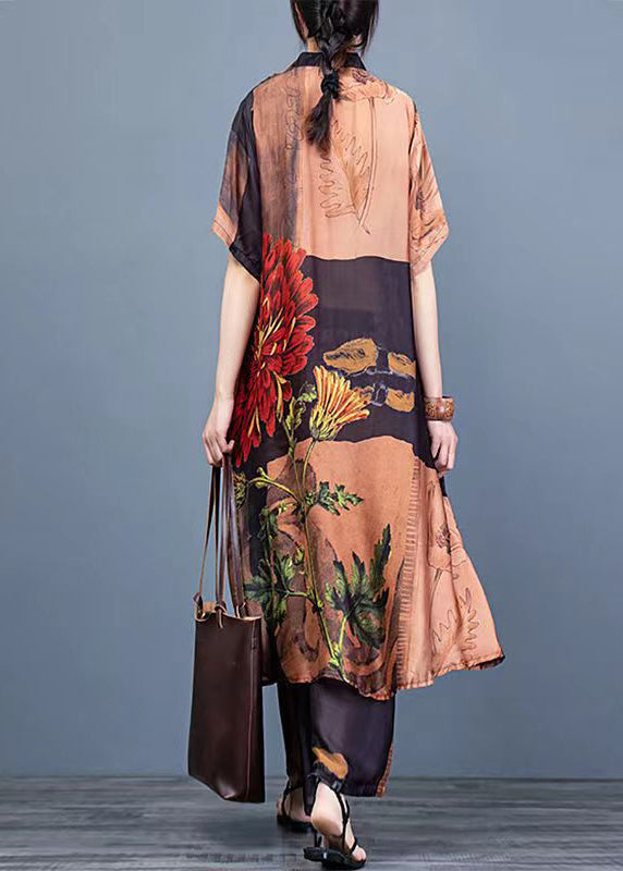 Coffee Floral Print Silk Shirt Dress And Wide Leg Pants Two Pieces Set Thin Half Sleeve
