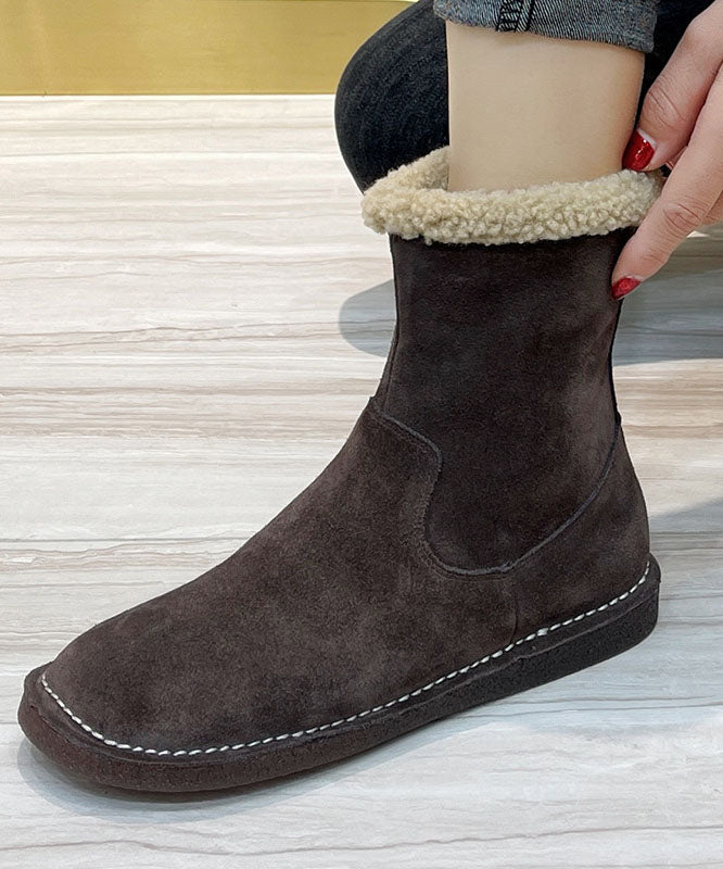 Coffee Fuzzy Wool Lined Boots Cowhide Leather Fashion Zippered Boots