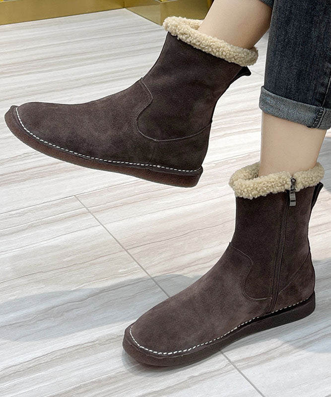 Coffee Fuzzy Wool Lined Boots Cowhide Leather Fashion Zippered Boots