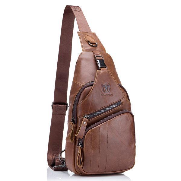 Coffee Genuine Leather Large Size Chest Bag Sling Bag Single-shoulder Crossbody Bag For Men - Omychic