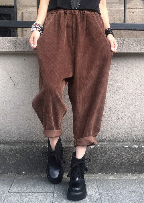 Coffee High Waist Patchwork Corduroy Harem Pants Pockets Fall