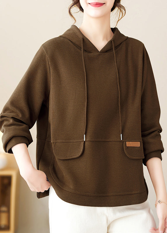 Coffee Hooded Patchwork Simple Cotton Pullover Streetwear Fall
