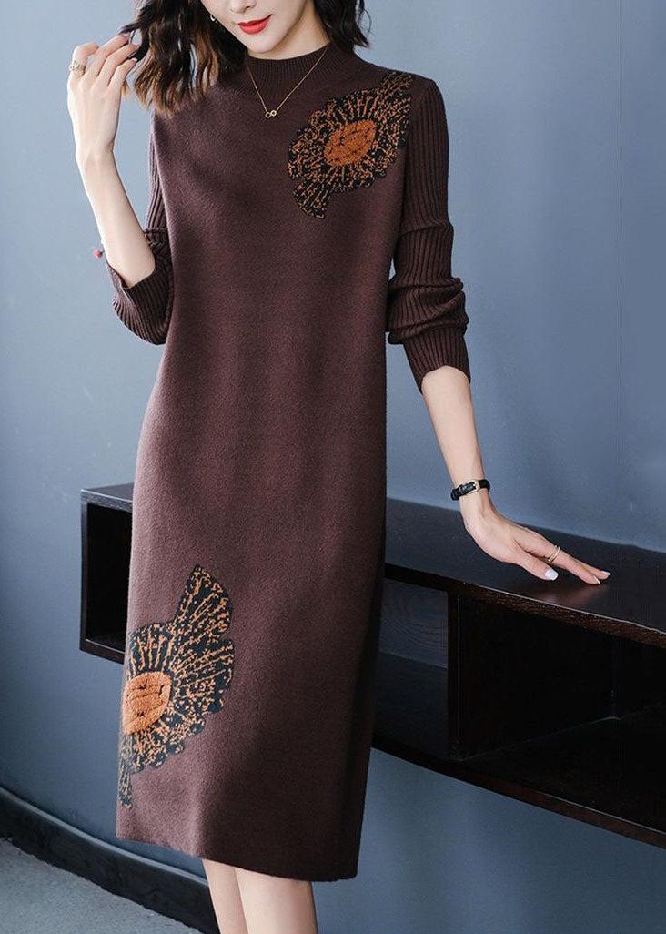 Coffee Jacquard Thick Knit Dress Stand Collar Winter