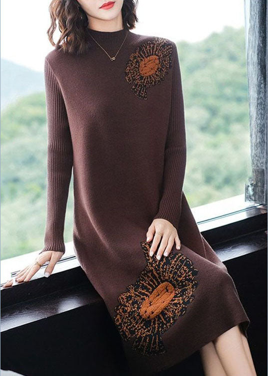 Coffee Jacquard Thick Knit Dress Stand Collar Winter