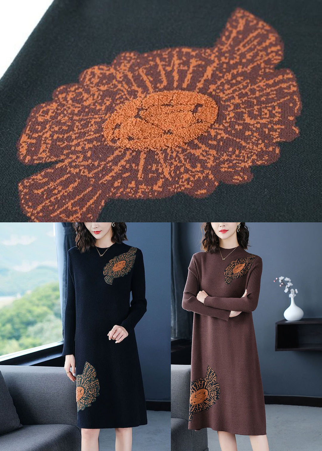 Coffee Jacquard Thick Knit Dress Stand Collar Winter