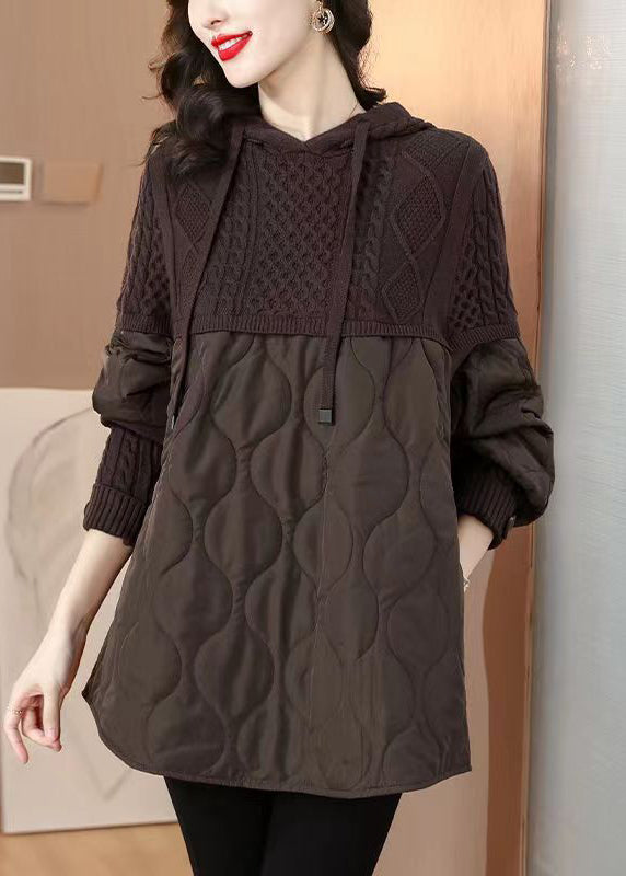 Coffee Lace Up Patchwork Thick Top Hooded Winter