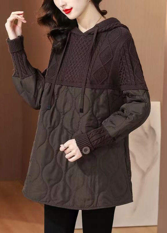 Coffee Lace Up Patchwork Thick Top Hooded Winter