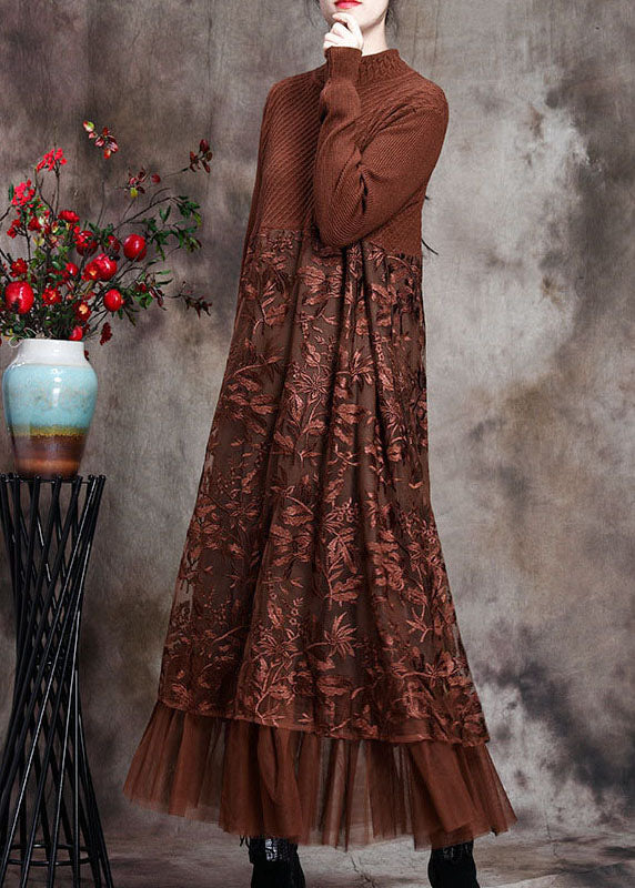 Chocolate O-Neck Embroideried Patchwork Fall Long Knit Dress