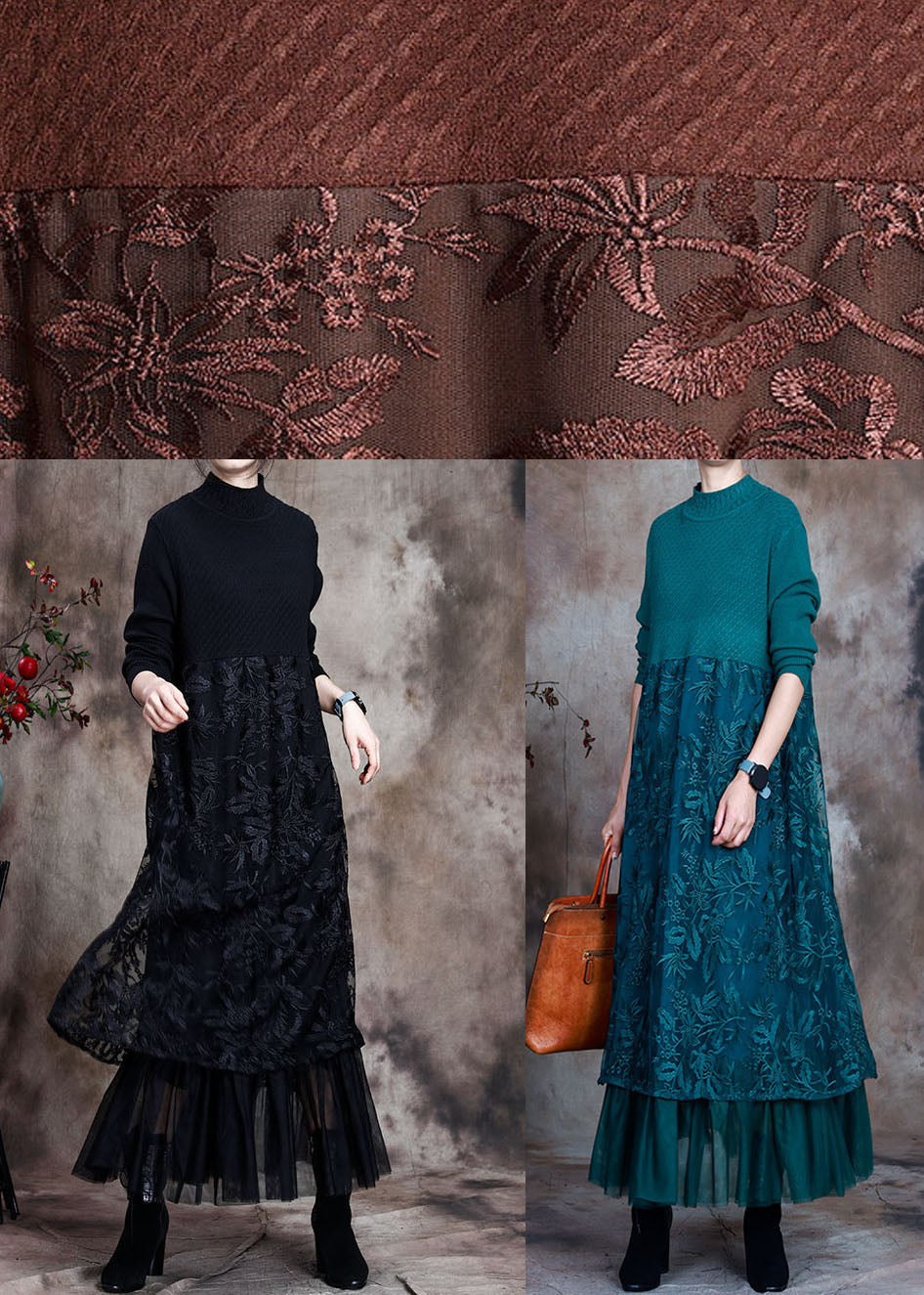 Chocolate O-Neck Embroideried Patchwork Fall Long Knit Dress