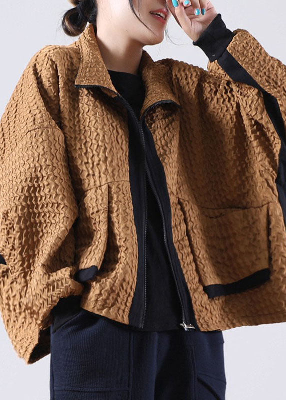 Coffee Patchwork Corduroy Zip Up Spring Coat