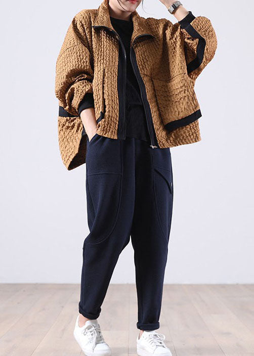 Coffee Patchwork Corduroy Zip Up Spring Coat