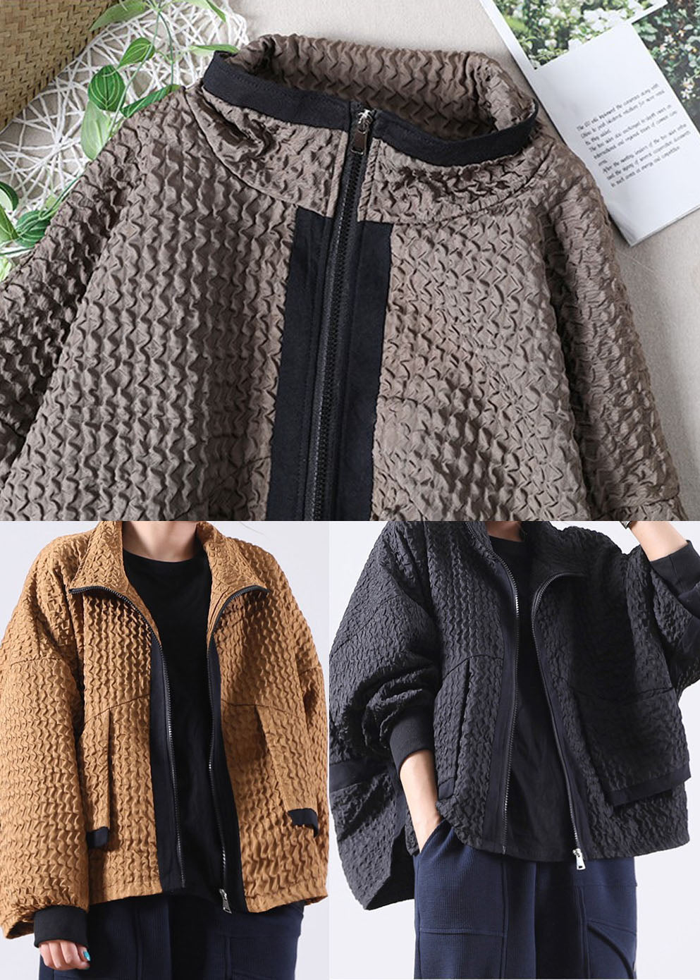 Coffee Patchwork Corduroy Zip Up Spring Coat