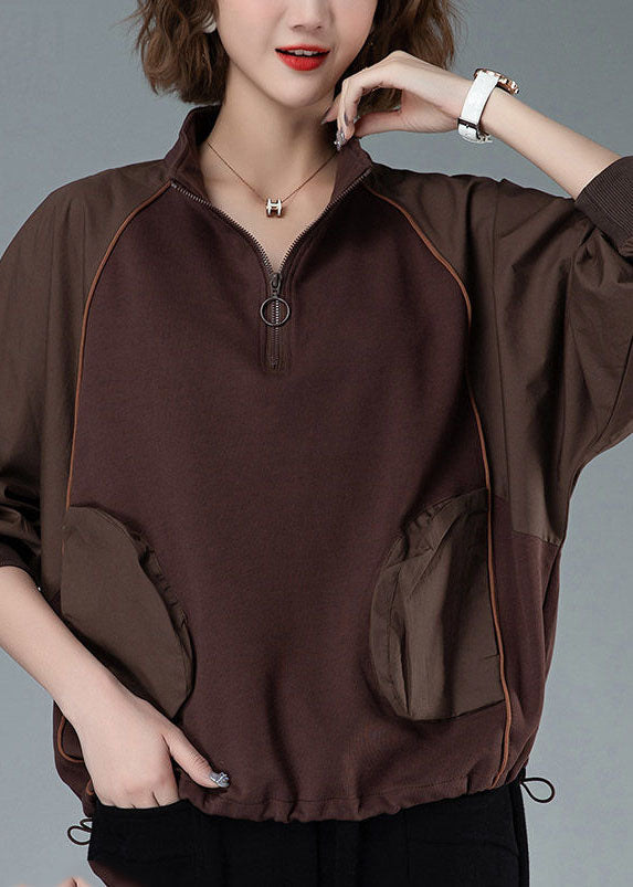 Coffee Patchwork Cotton Sweatshirts Tracksuits Pockets Drawstring Spring