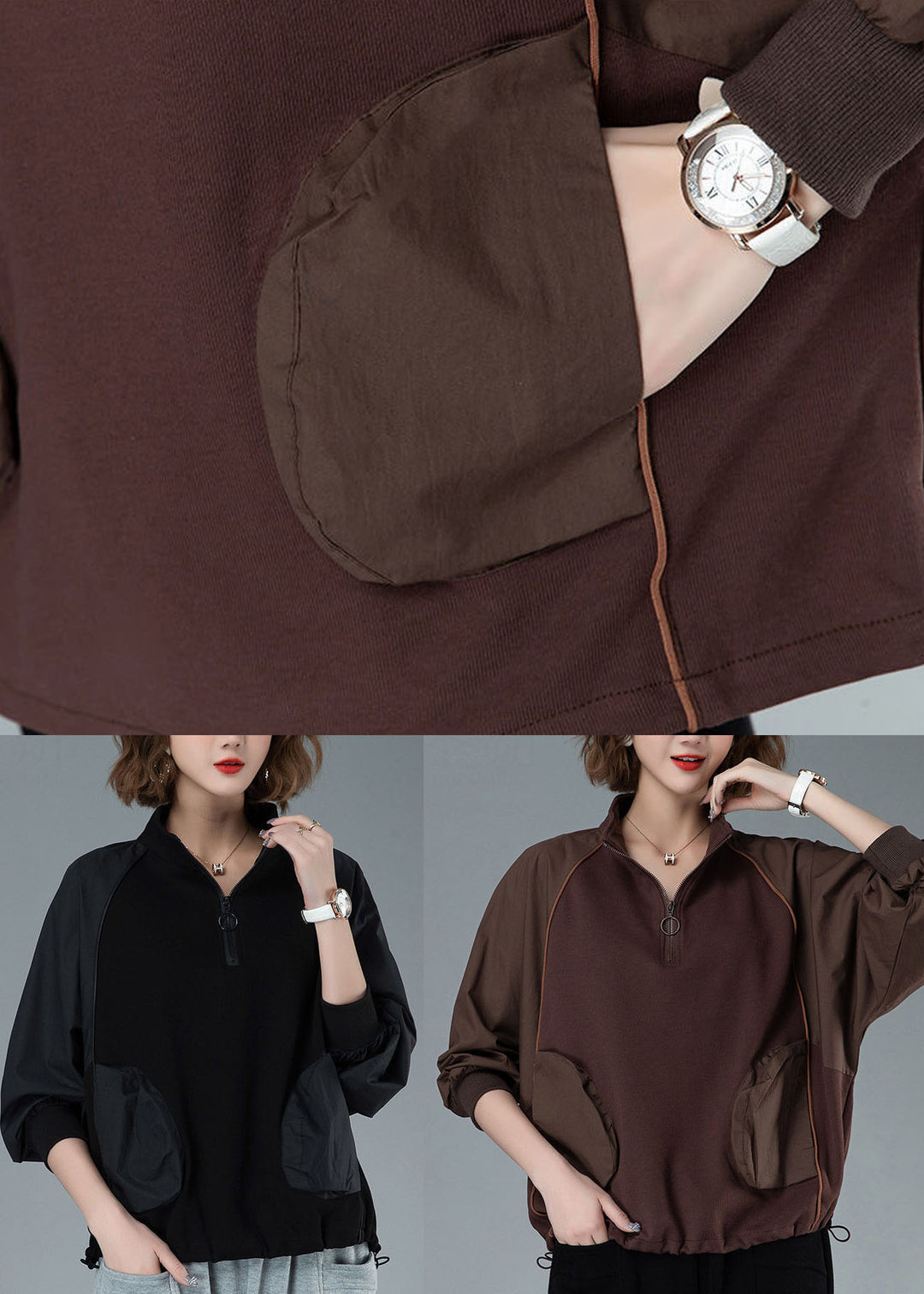 Coffee Patchwork Cotton Sweatshirts Tracksuits Pockets Drawstring Spring