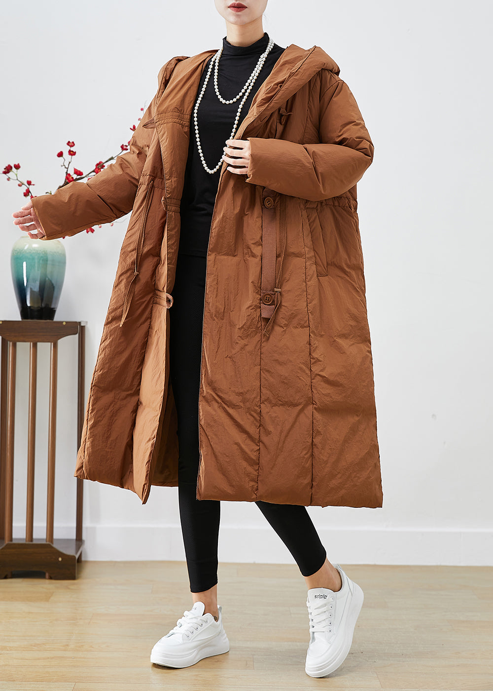 Coffee Patchwork Duck Down Puffers Jackets Hooded Oversized Winter