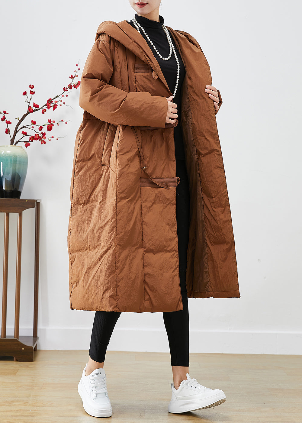 Coffee Patchwork Duck Down Puffers Jackets Hooded Oversized Winter