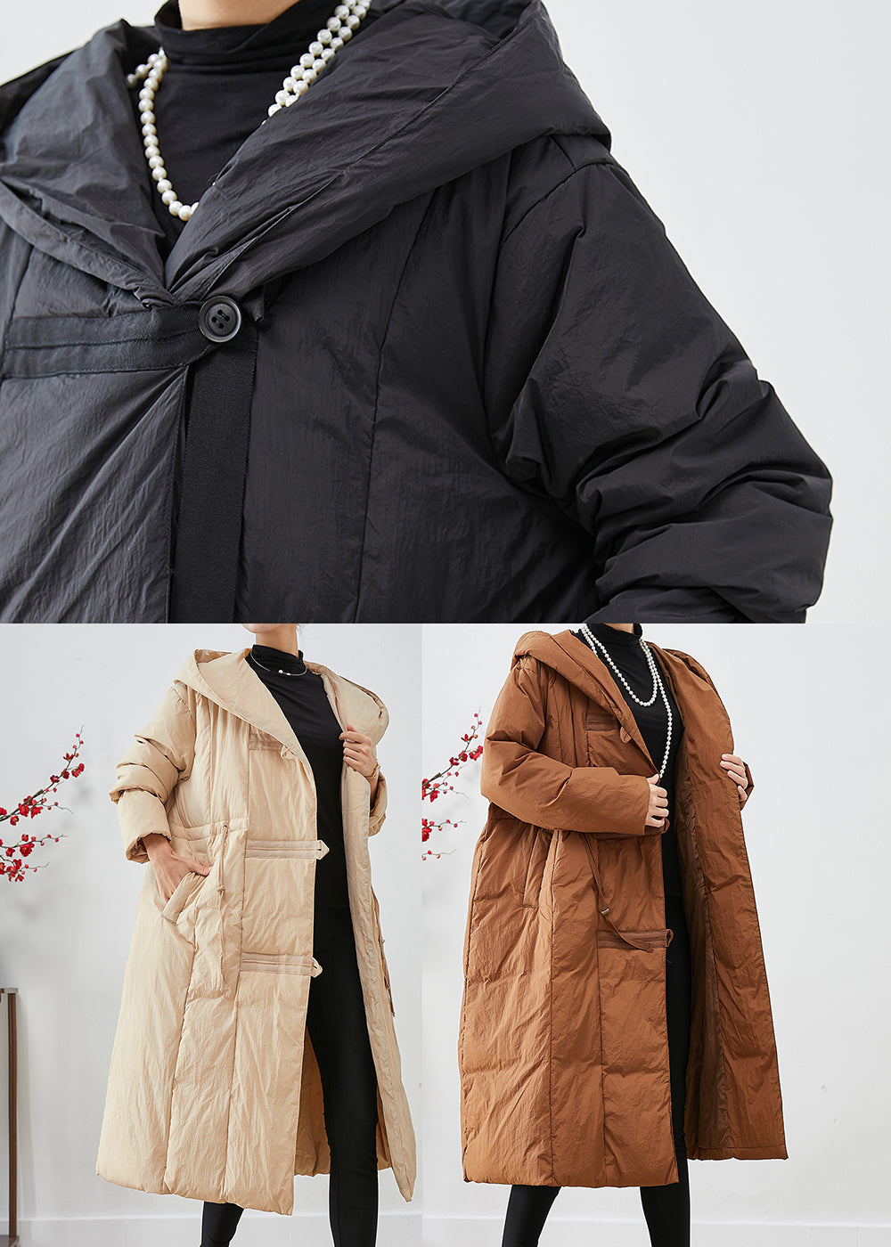 Coffee Patchwork Duck Down Puffers Jackets Hooded Oversized Winter