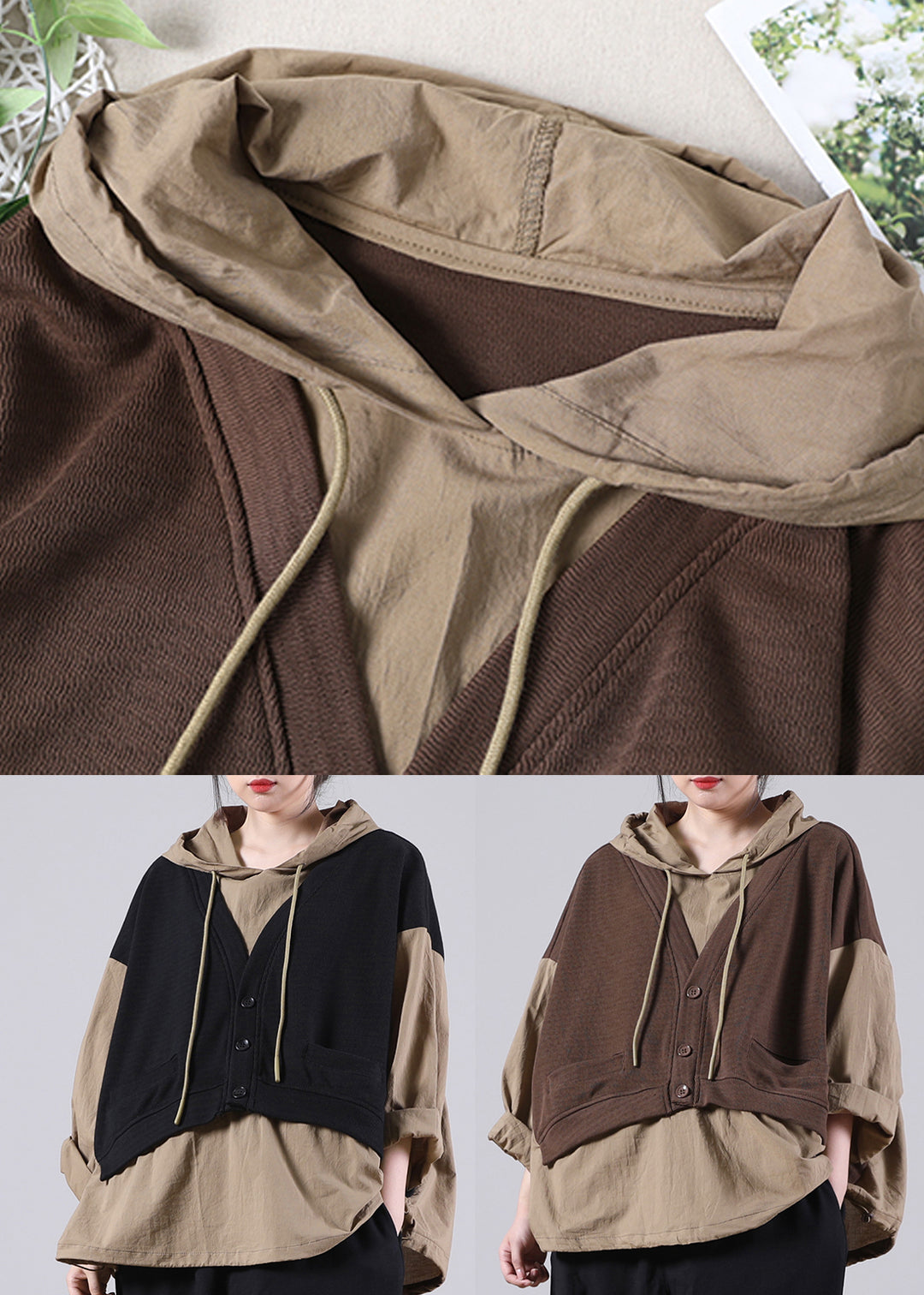 Coffee Patchwork Fake Two Pieces Hooded Sweatshirts Long Sleeve