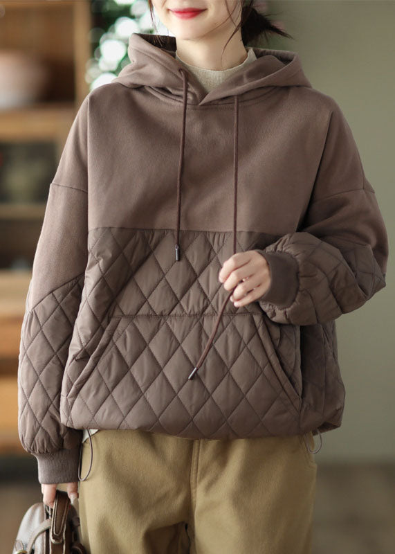 Coffee Patchwork Fine Cotton Filled Pullover Sweatshirt Drawstring Winter