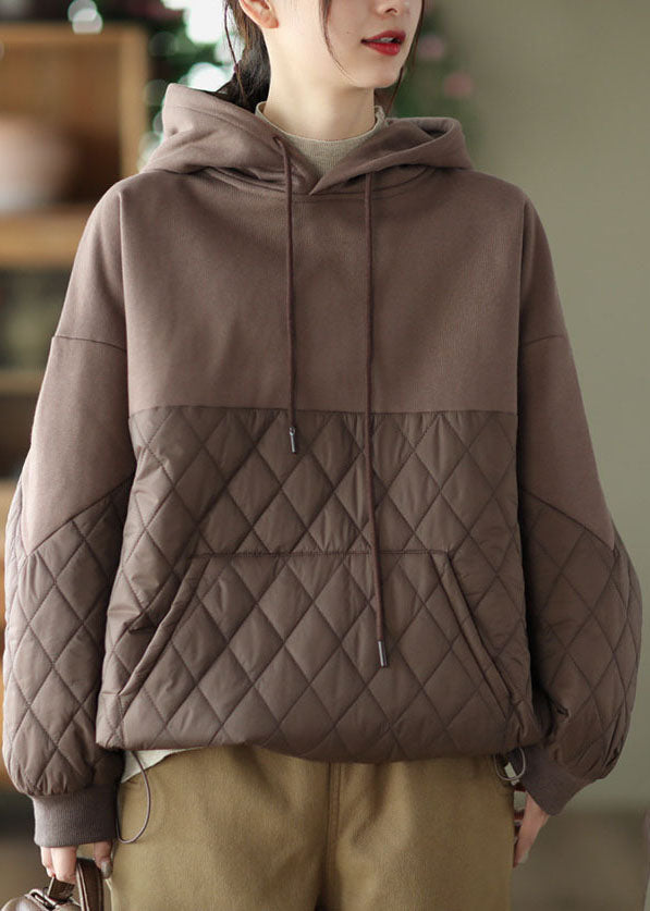 Coffee Patchwork Fine Cotton Filled Pullover Sweatshirt Drawstring Winter