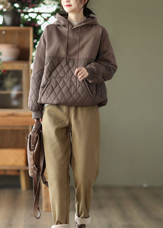 Coffee Patchwork Fine Cotton Filled Pullover Sweatshirt Drawstring Winter