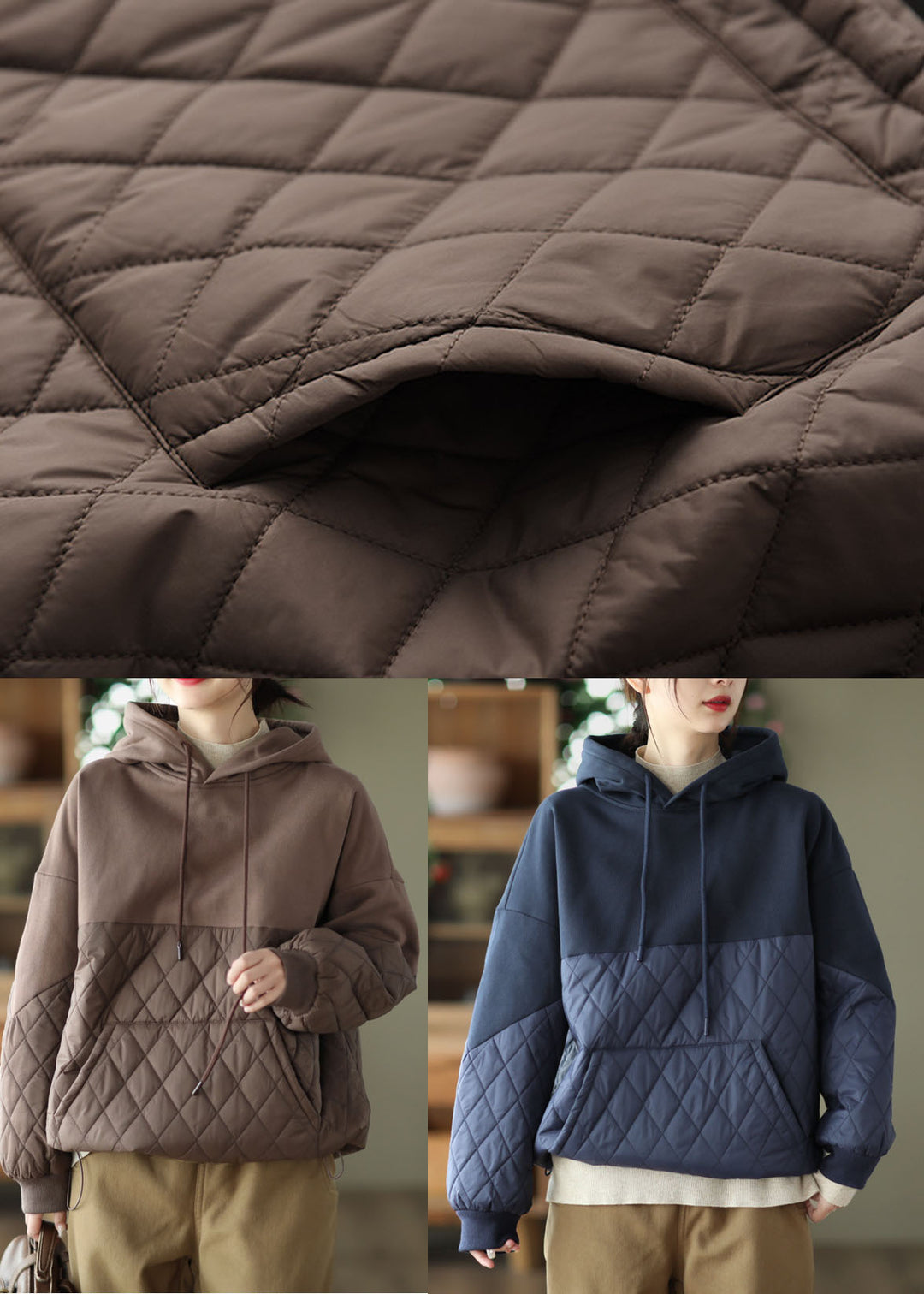 Coffee Patchwork Fine Cotton Filled Pullover Sweatshirt Drawstring Winter