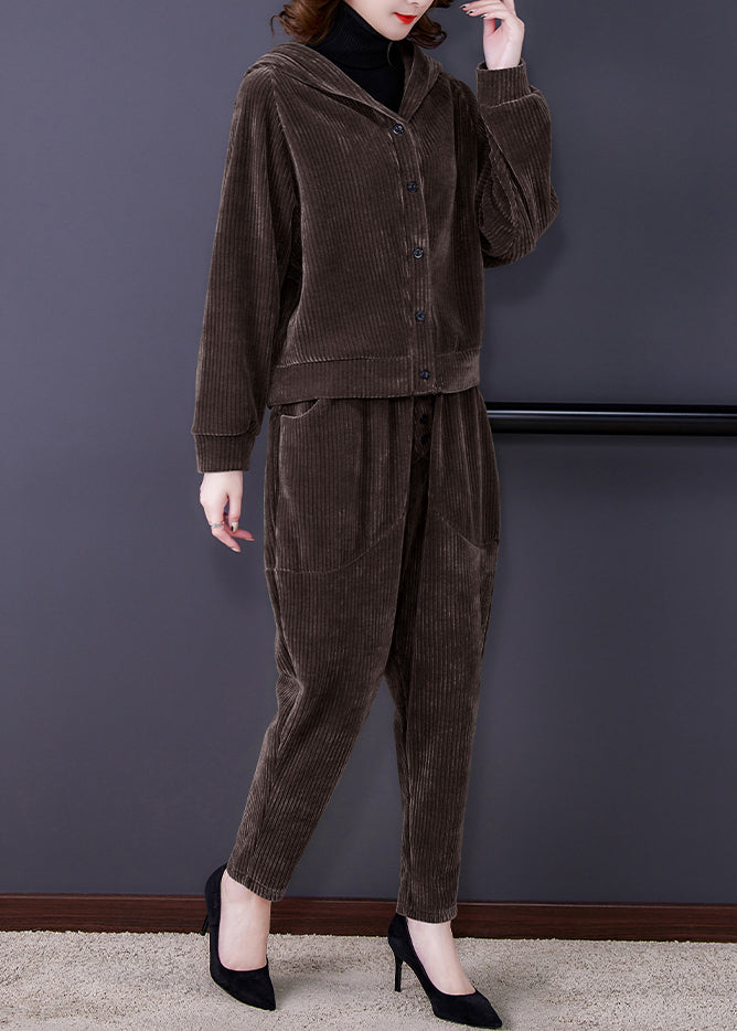 Coffee Patchwork Hooded Corduroy Coats And Harem Pants Two Pieces Set Fall