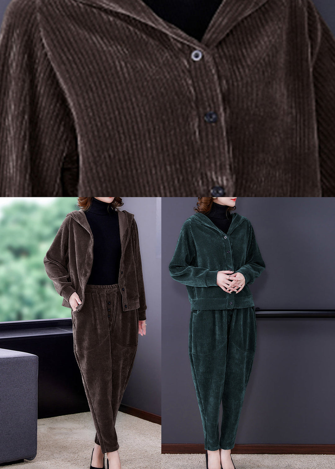 Coffee Patchwork Hooded Corduroy Coats And Harem Pants Two Pieces Set Fall
