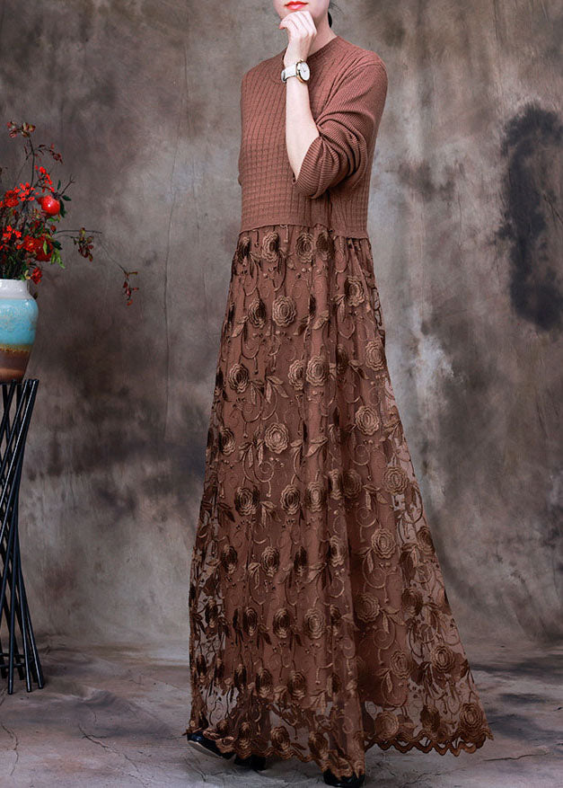 Coffee Patchwork Knit Long Knit Dress Asymmetrical Winter