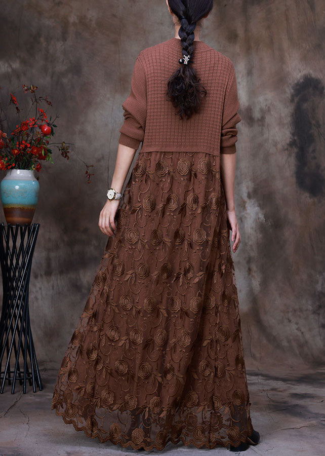 Coffee Patchwork Knit Long Knit Dress Asymmetrical Winter