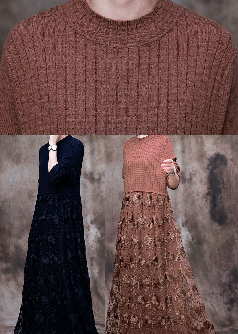 Coffee Patchwork Knit Long Knit Dress Asymmetrical Winter