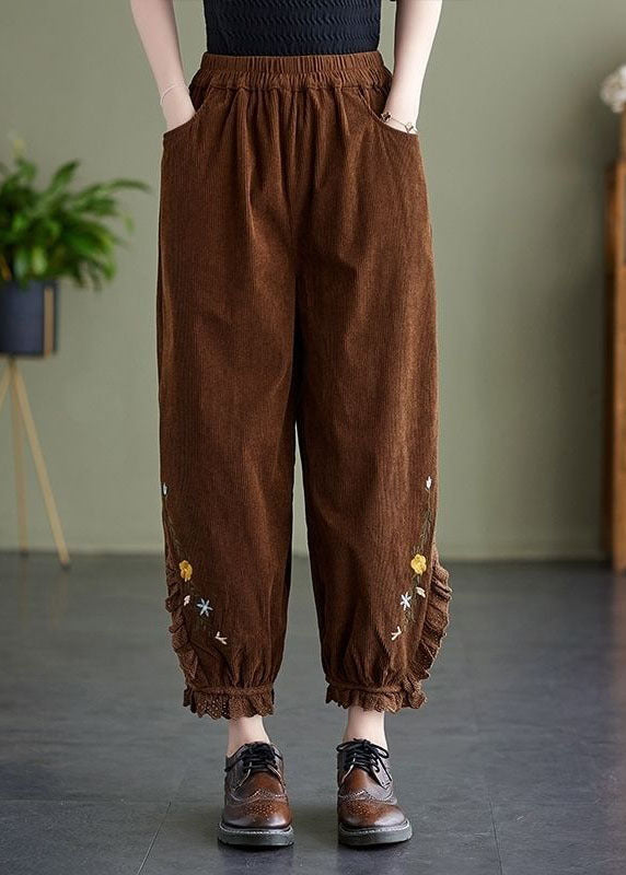 Coffee Patchwork Lace Warm Fleece Corduroy Harem Pants Embroideried Oversized Spring