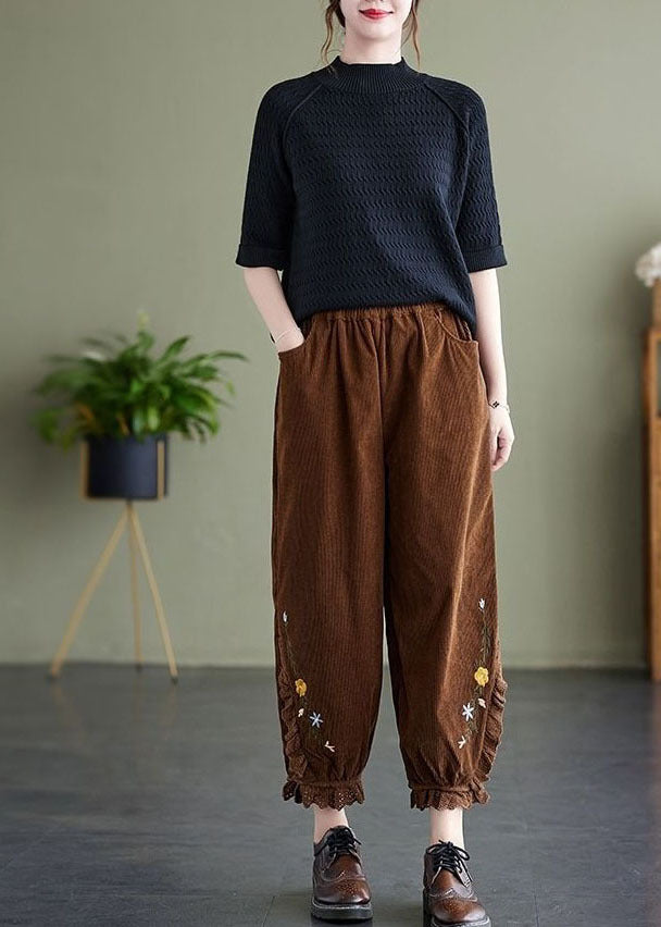 Coffee Patchwork Lace Warm Fleece Corduroy Harem Pants Embroideried Oversized Spring