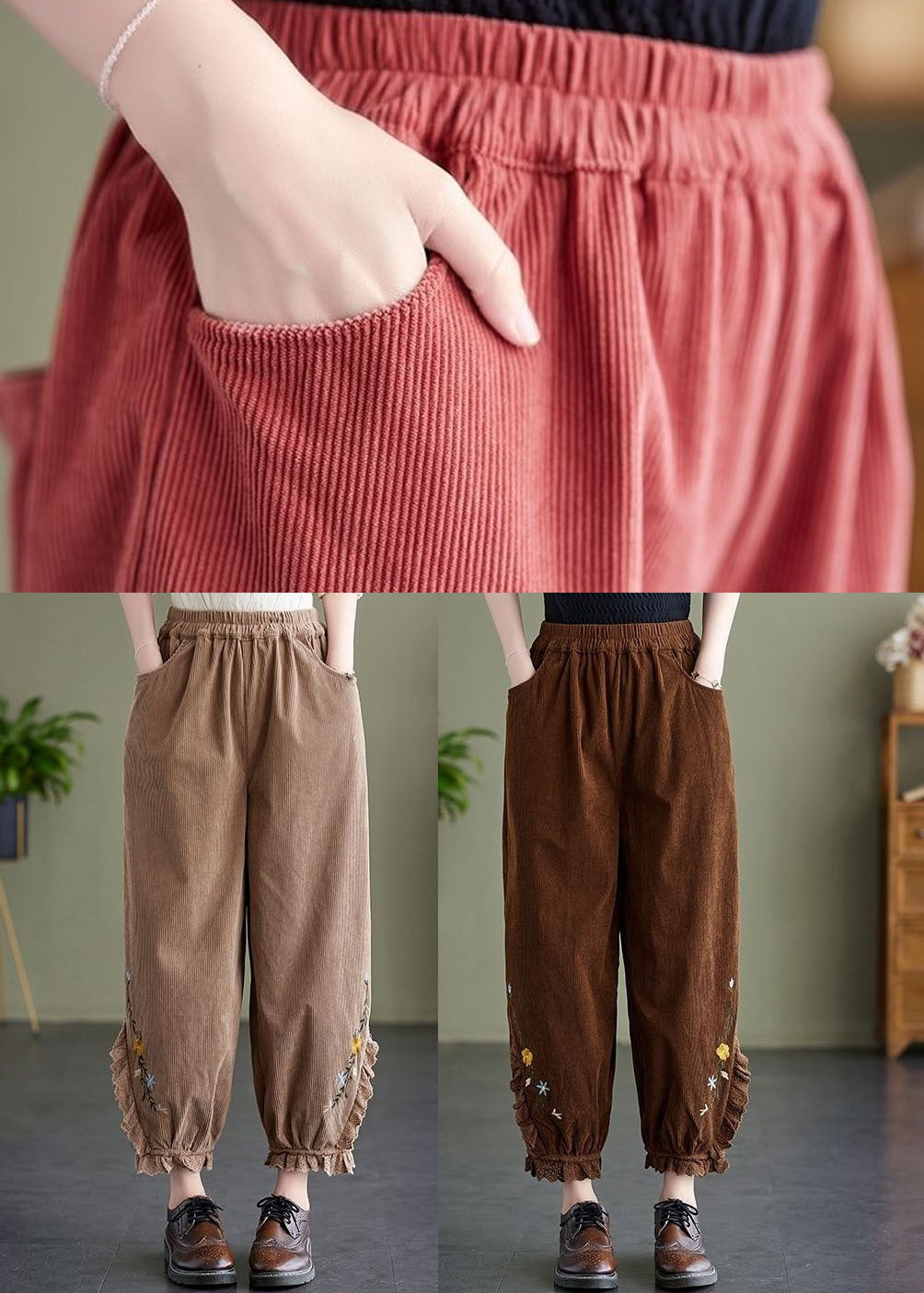 Coffee Patchwork Lace Warm Fleece Corduroy Harem Pants Embroideried Oversized Spring