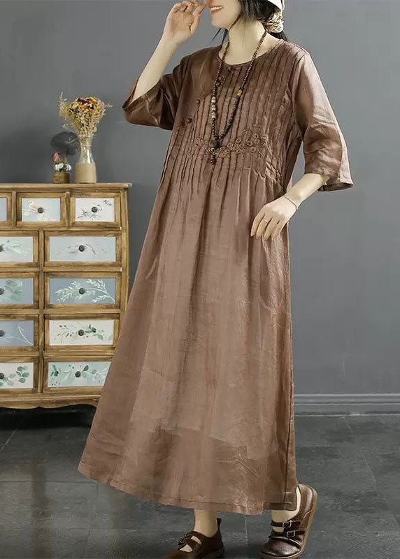 Coffee O Neck Wrinkled Embroideried Linen Dress