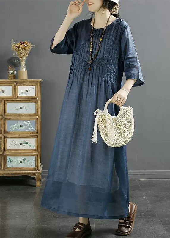 Coffee O Neck Wrinkled Embroideried Linen Dress