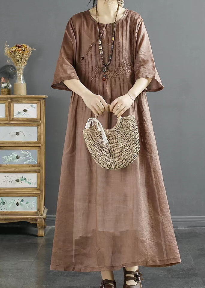 Coffee O Neck Wrinkled Embroideried Linen Dress