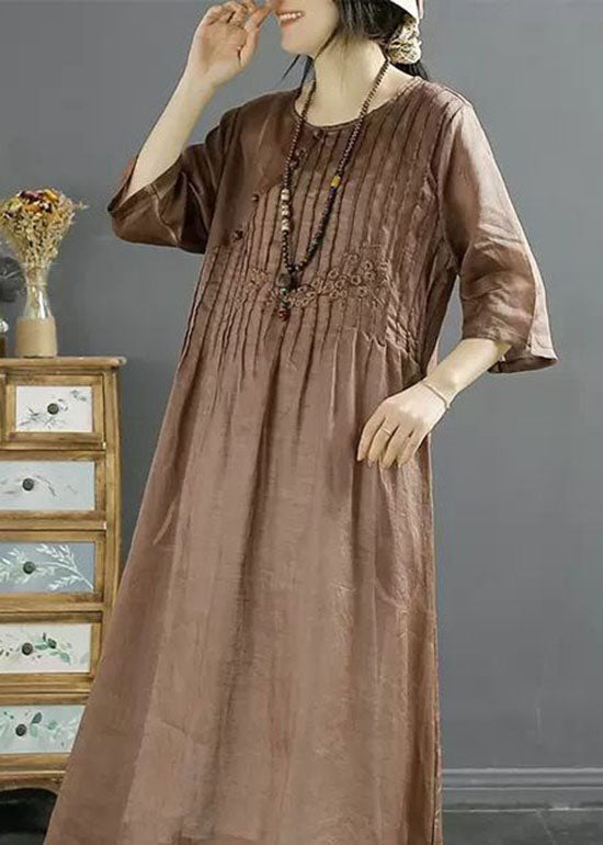 Coffee O Neck Wrinkled Embroideried Linen Dress