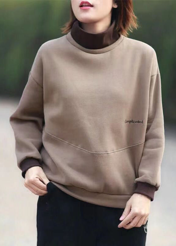 Coffee Patchwork Loose Sweatshirts Turtleneck Long Sleeve