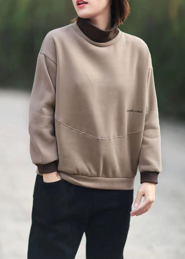 Coffee Patchwork Loose Sweatshirts Turtleneck Long Sleeve