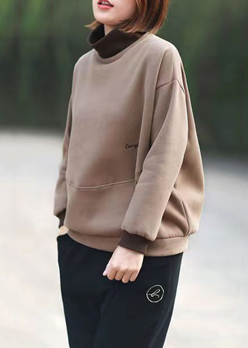 Coffee Patchwork Loose Sweatshirts Turtleneck Long Sleeve