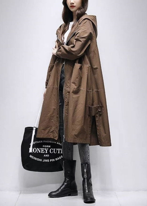 Coffee Patchwork Loose Trench Coat Zip Up Spring
