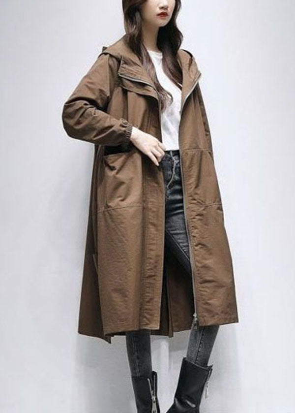 Coffee Patchwork Loose Trench Coat Zip Up Spring