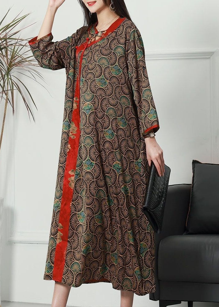 Coffee Patchwork Print Silk Long Dresses O Neck Spring