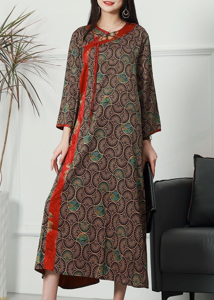 Coffee Patchwork Print Silk Long Dresses O Neck Spring