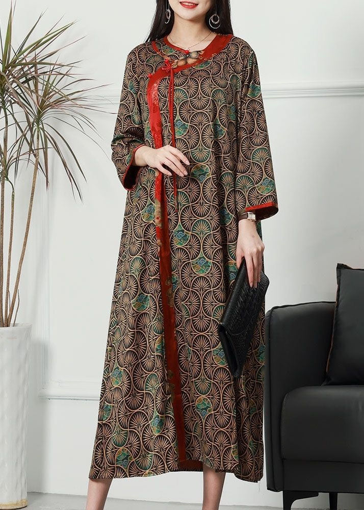 Coffee Patchwork Print Silk Long Dresses O Neck Spring