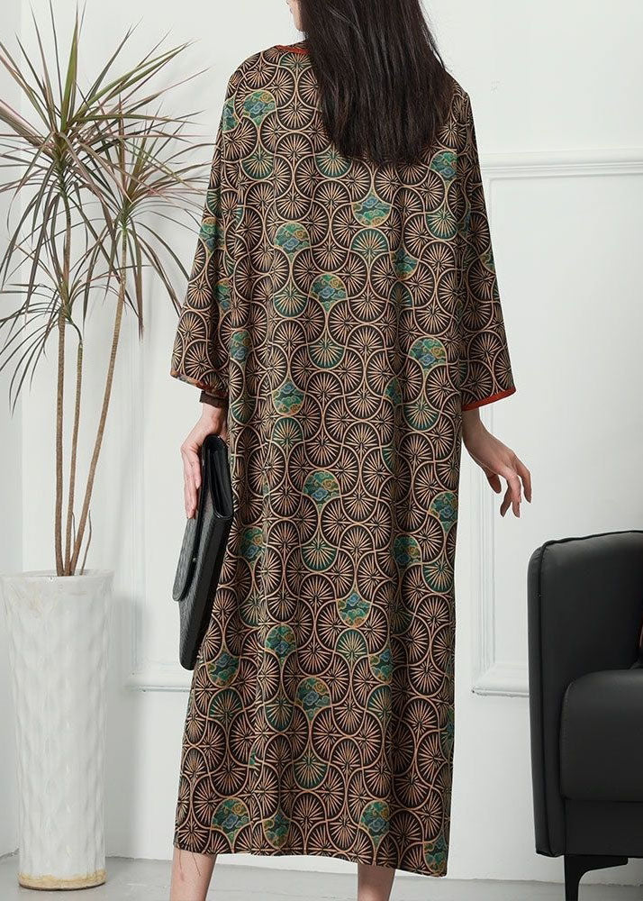 Coffee Patchwork Print Silk Long Dresses O Neck Spring